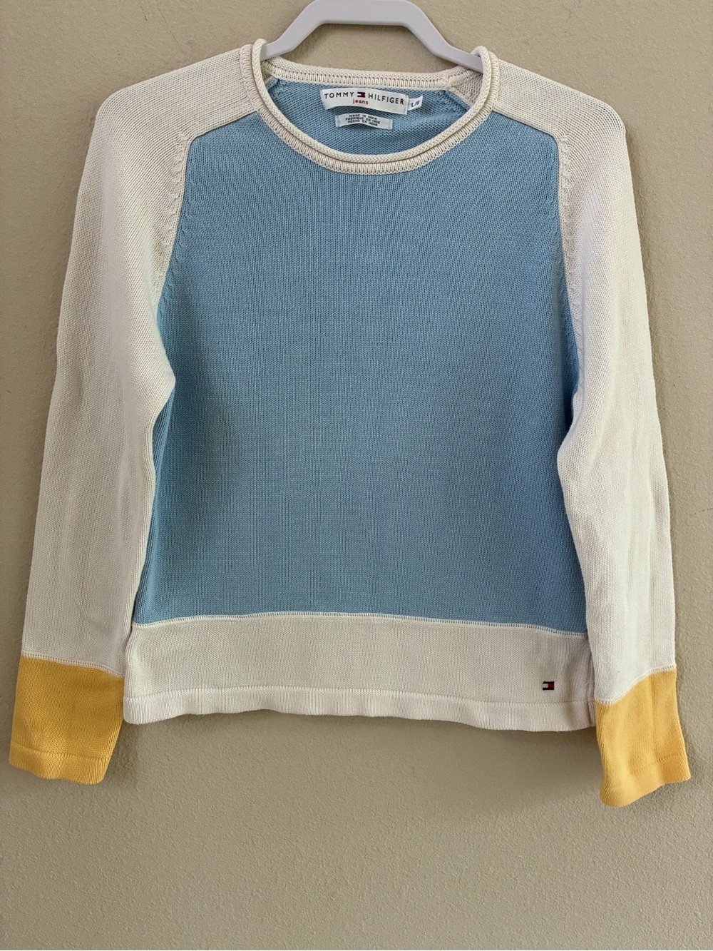 Vintage Tommy Hilfiger Jeans Light Blue Color Block Rolled Neck Sweater Size L